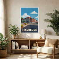 Affiche souvenir de la ville de Maubeuge avec une illustration stylisée.