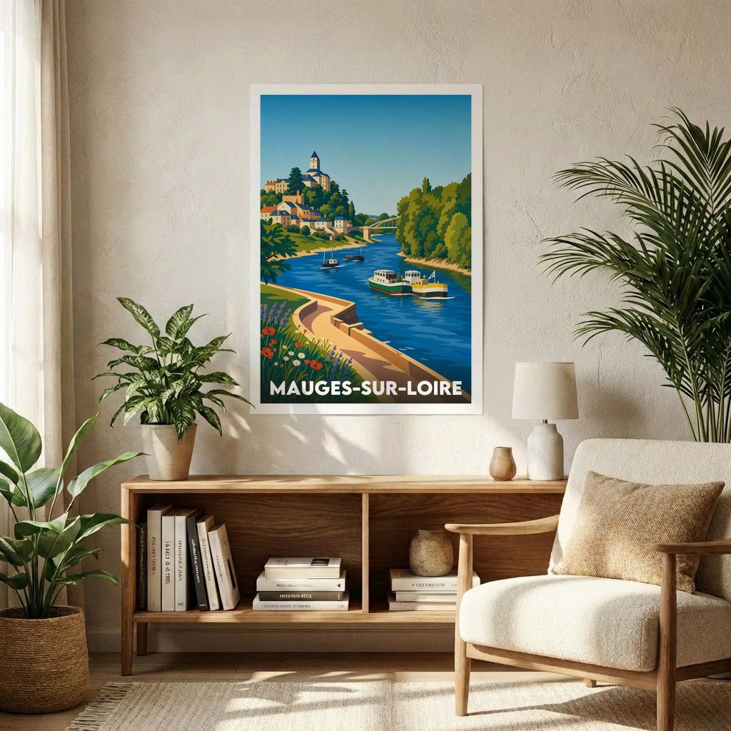 Affiche souvenir de la ville de Mauges-sur-Loire avec une illustration stylisée.