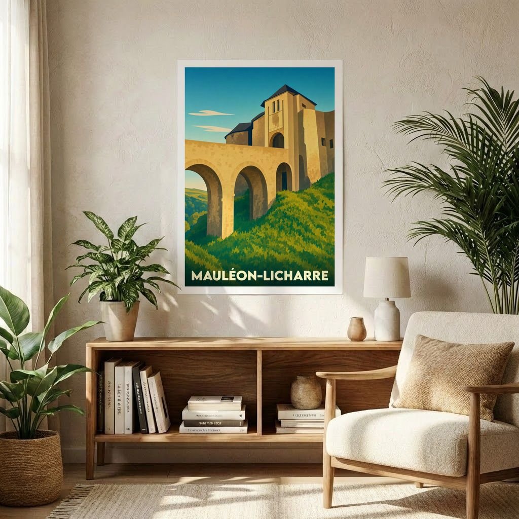 Affiche souvenir de la ville de Mauléon-Licharre avec une illustration stylisée de son château fort et de ses arcades.