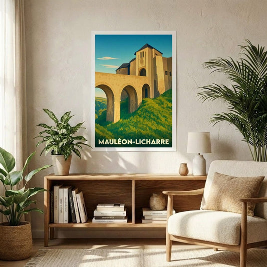Affiche souvenir de la ville de Mauléon-Licharre avec une illustration stylisée de son château fort et de ses arcades.