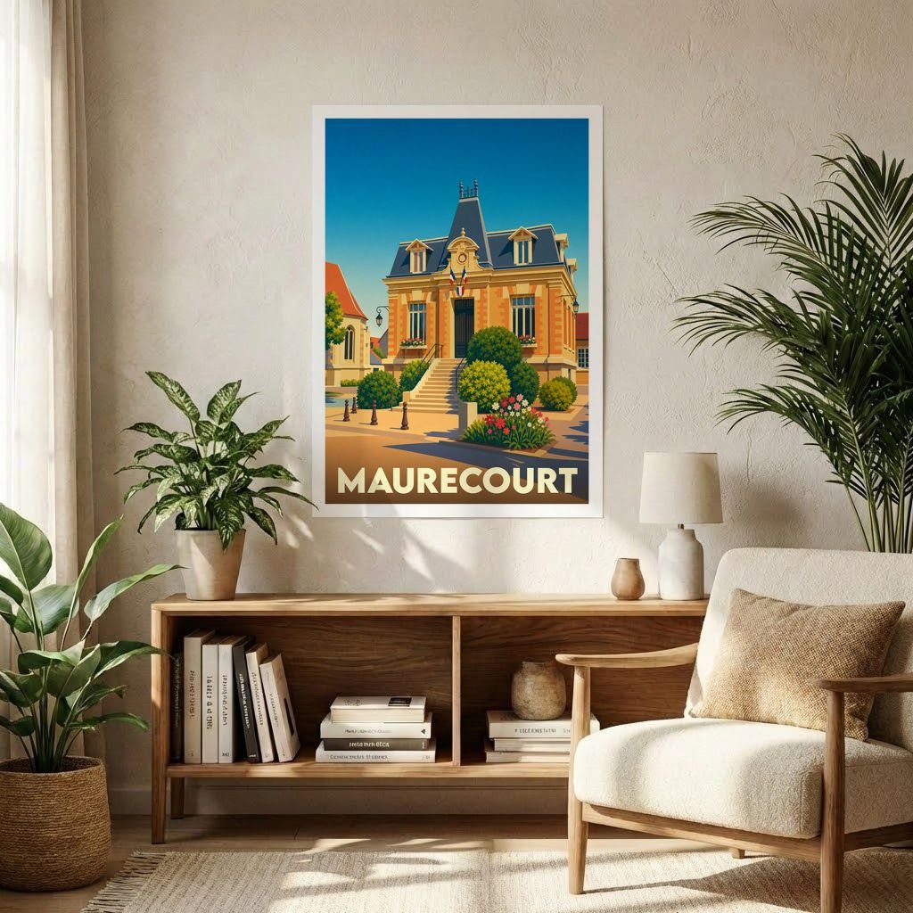 Affiche souvenir de la ville de Maurecourt avec une illustration stylisée et colorée de son hôtel de ville.