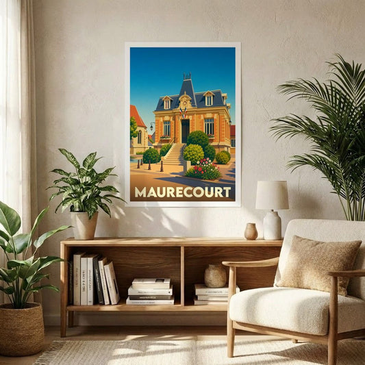 Affiche souvenir de la ville de Maurecourt avec une illustration stylisée et colorée de son hôtel de ville.