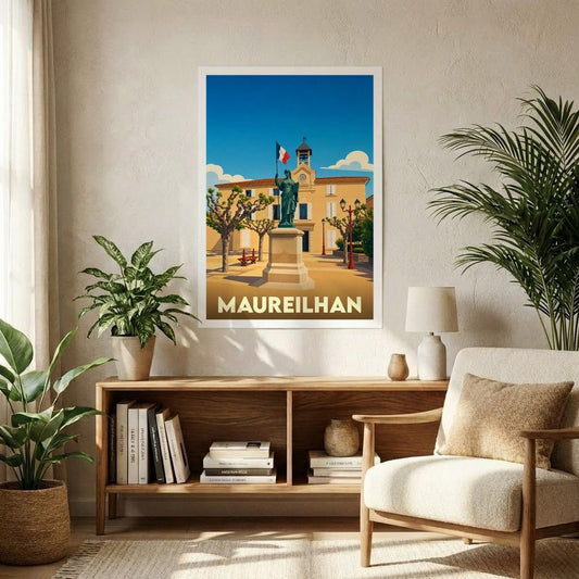 Affiche souvenir de la ville de Maureilhan avec une illustration stylisée d'une place ensoleillée.