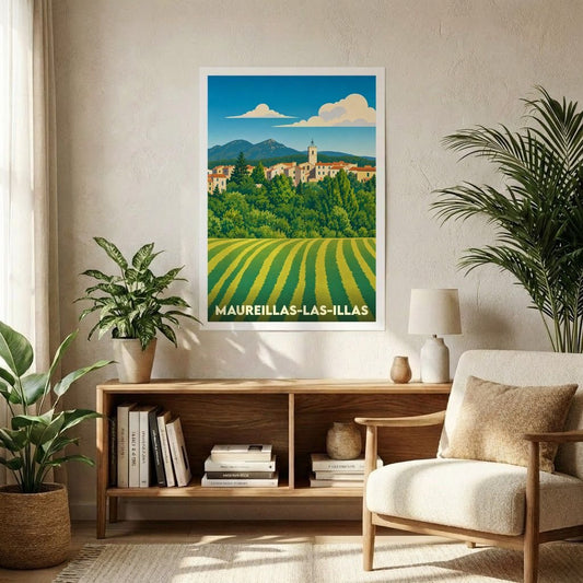 Affiche souvenir de la ville de Maureillas-las-Illas avec une illustration stylisée d'un paysage de campagne.
