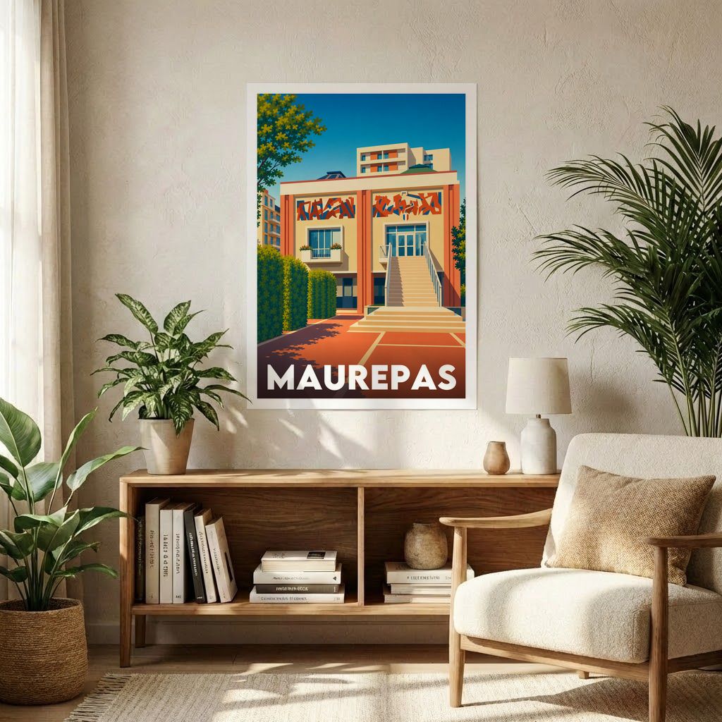 Affiche souvenir de la ville de Maurepas avec une illustration stylisée.