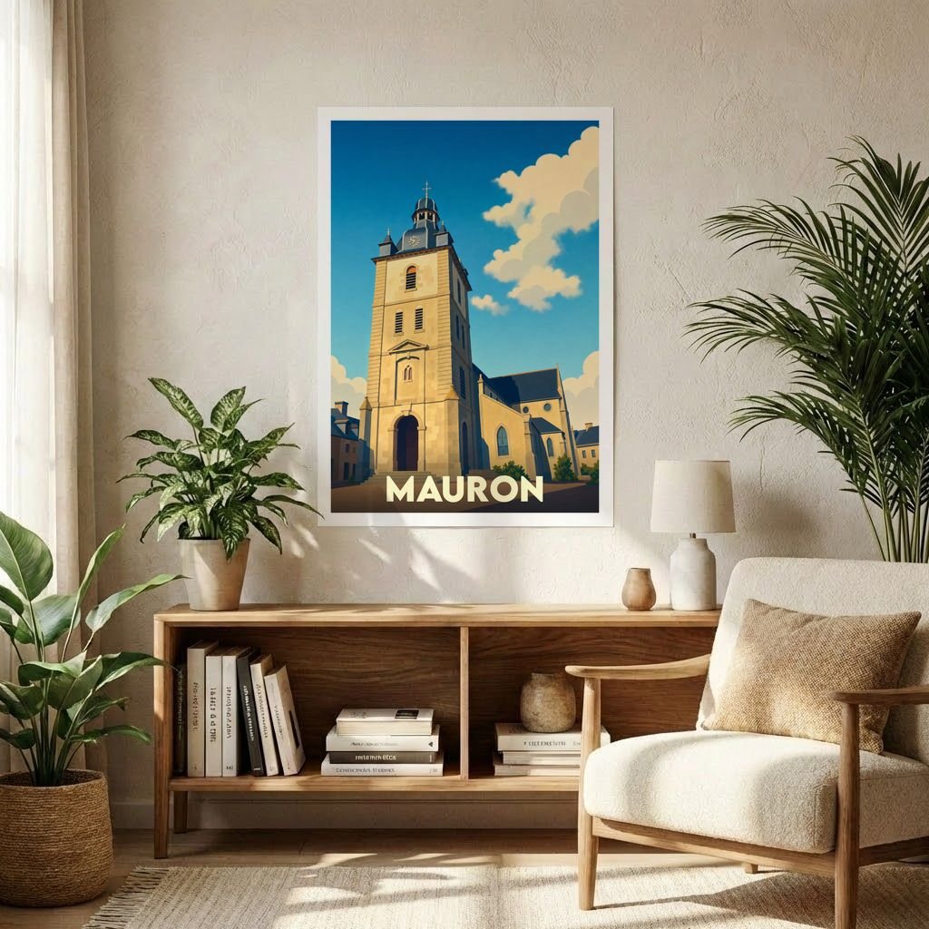 Affiche souvenir de la ville de Mauron représentant son église dans un style graphique épuré.