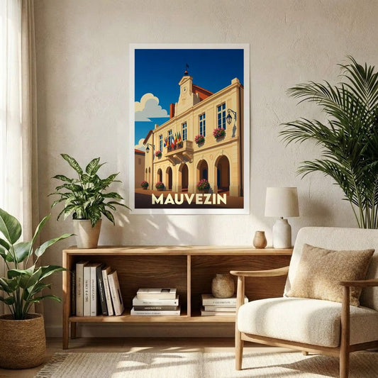 Affiche souvenir de la ville de Mauvezin avec une illustration stylisée de son architecture locale.