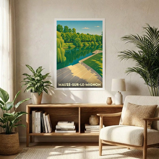 Affiche souvenir de la ville de Mauzé-sur-le-Mignon avec une illustration stylisée d'un paysage de bord de rivière.