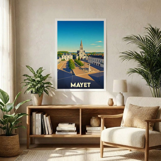 Affiche souvenir de la ville de Mayet avec une illustration stylisée et colorée de sa place centrale.