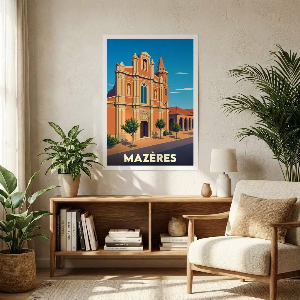 Affiche souvenir de la ville de Mazères avec une illustration stylisée d'un bâtiment historique sous un ciel bleu.