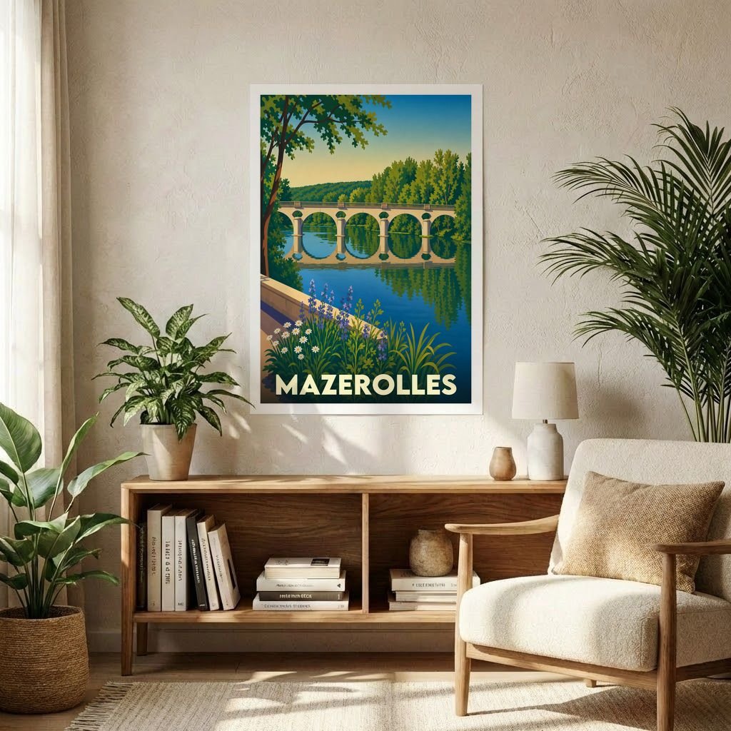 Affiche souvenir de la ville de Mazerolles avec une illustration stylisée d'un pont se reflétant dans l'eau.