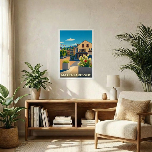 Affiche souvenir de la ville de Mazet-Saint-Voy avec une illustration stylisée et colorée.