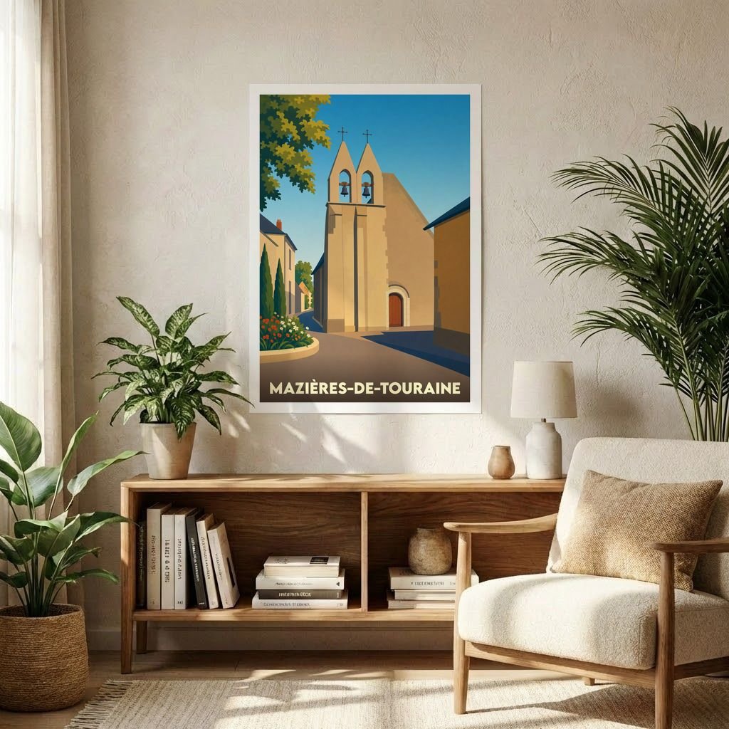 Affiche souvenir de la ville de Mazières-de-Touraine avec une illustration stylisée de son église sous un ciel bleu.