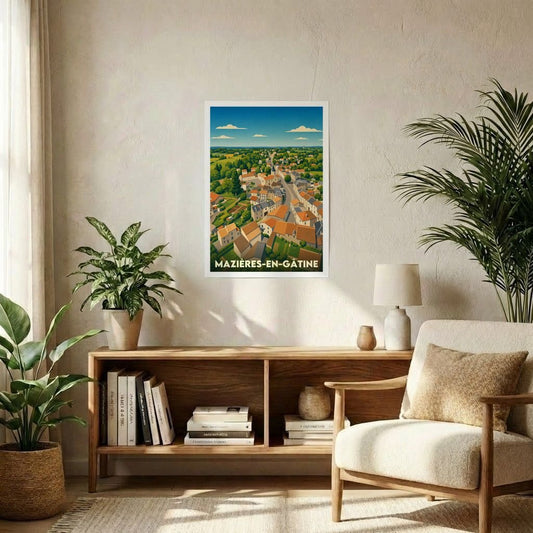 Affiche souvenir de la ville de Mazières-en-Gâtine avec une illustration stylisée vue du ciel.