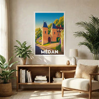 Affiche souvenir de la ville de Médan avec une illustration stylisée.