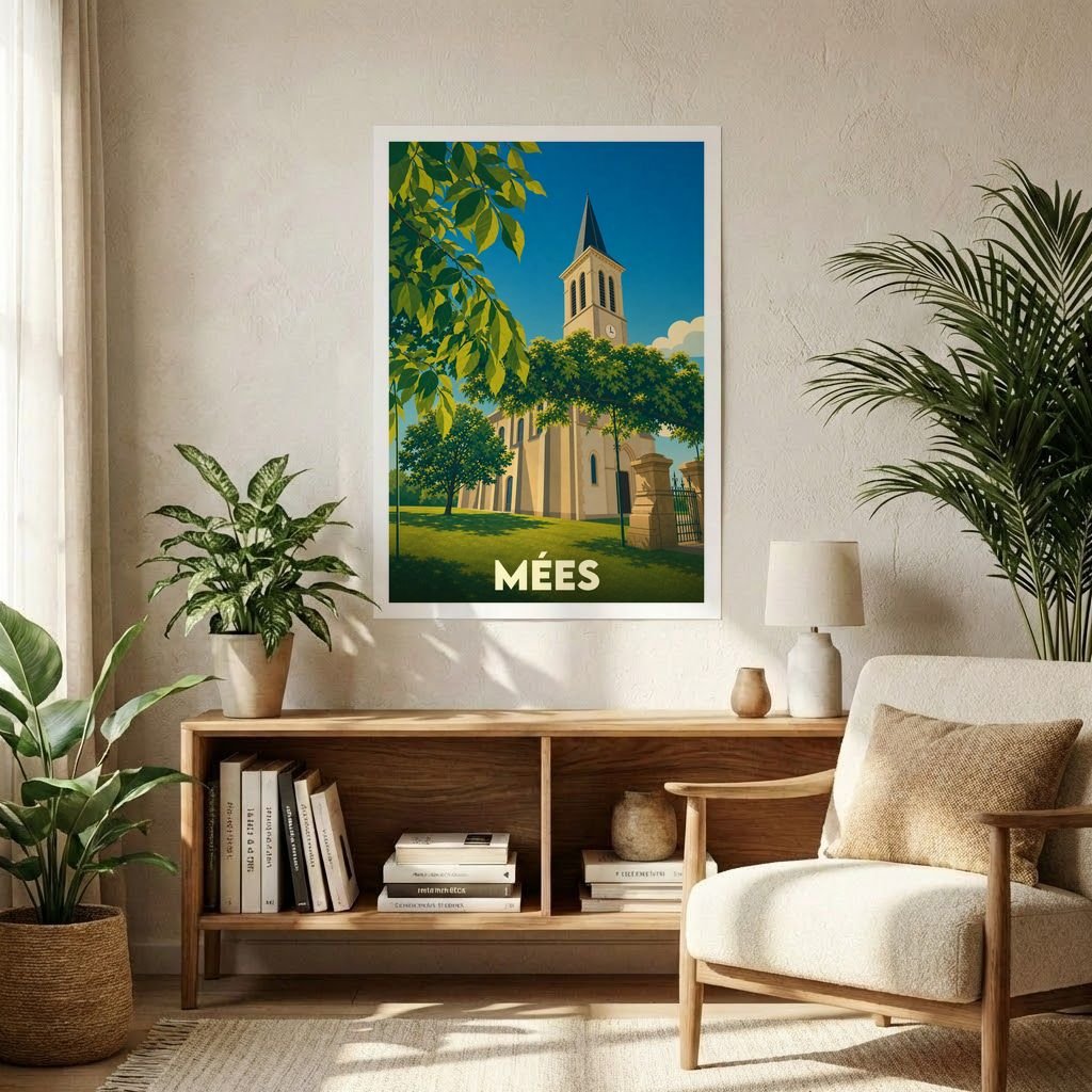 Affiche souvenir de la ville de Mées avec une illustration stylisée d'une église sous un ciel bleu.