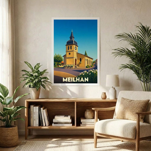 Affiche souvenir de la ville de Meilhan avec une illustration stylisée d'une église sous un ciel bleu.