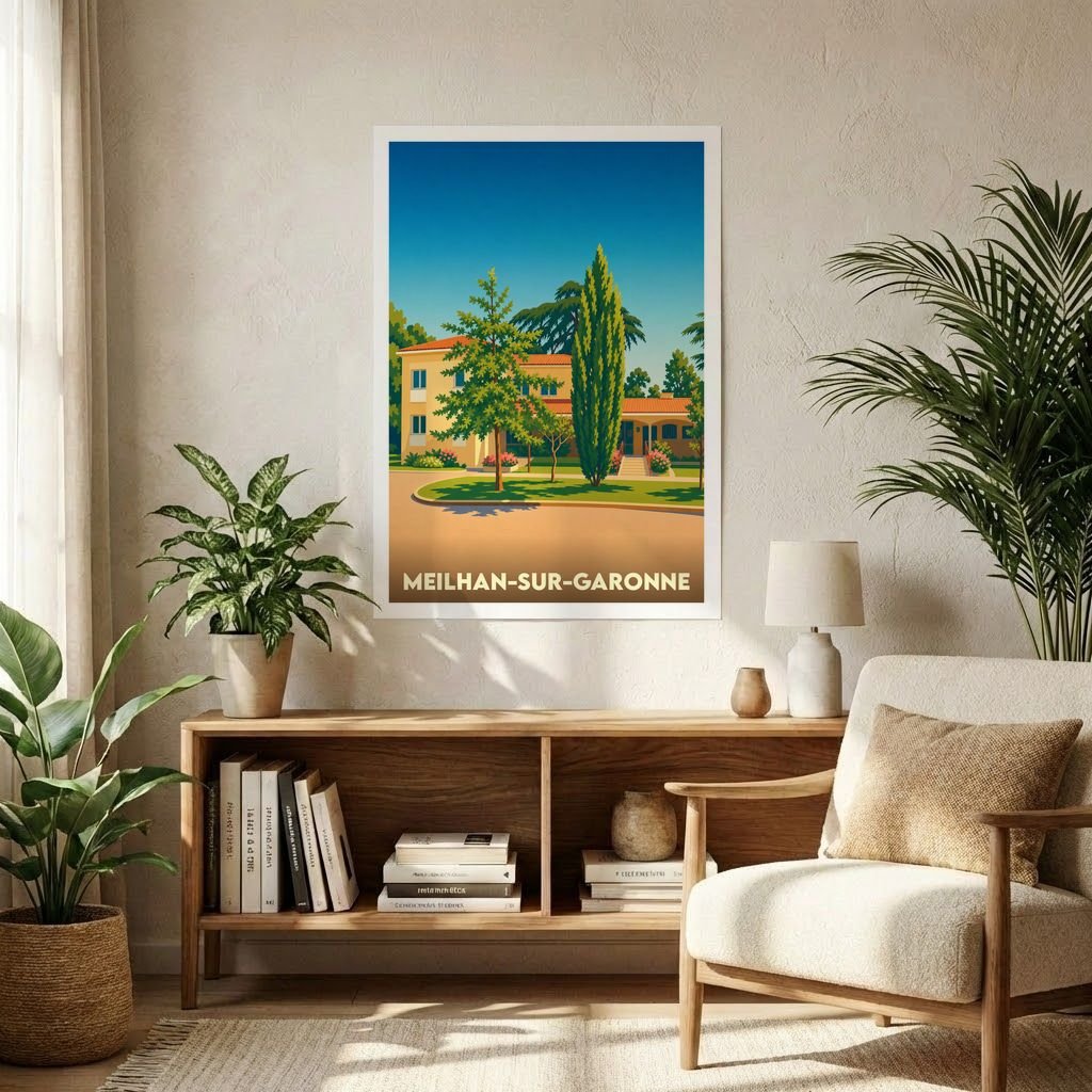 Affiche souvenir de la ville de Meilhan-sur-Garonne avec une illustration stylisée d'une villa ensoleillée.