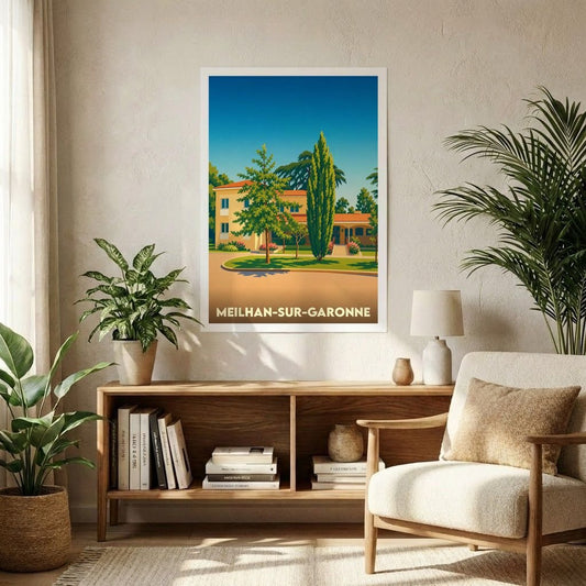 Affiche souvenir de la ville de Meilhan-sur-Garonne avec une illustration stylisée d'une villa ensoleillée.