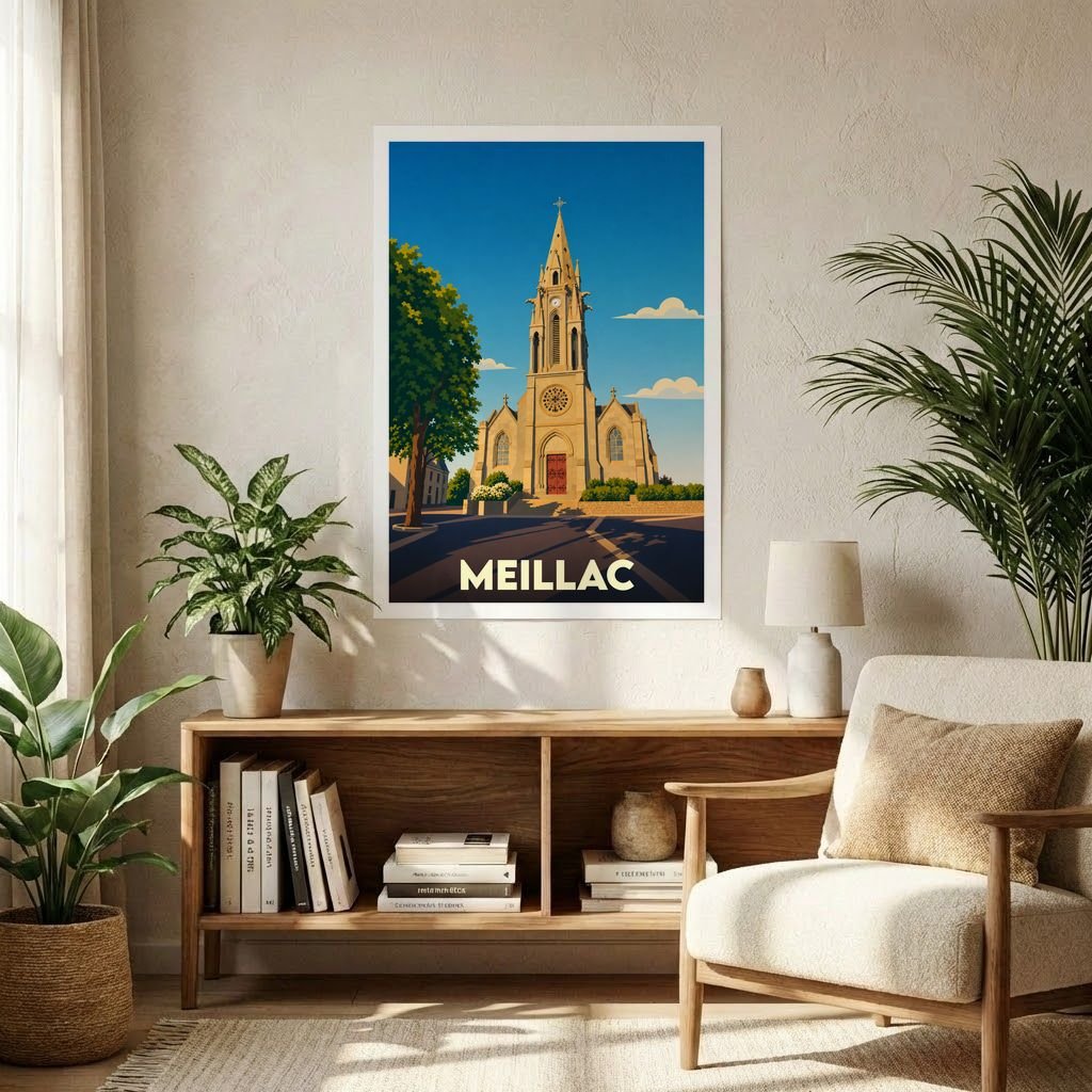 Affiche souvenir de la ville de Meillac représentant son église dans un style graphique épuré.