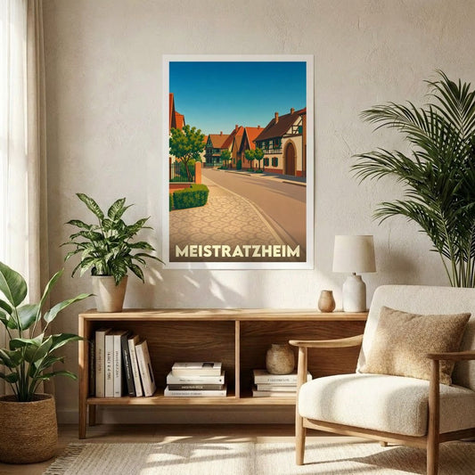 Affiche souvenir de la ville de Meistratzheim avec une illustration stylisée d'une rue alsacienne typique.
