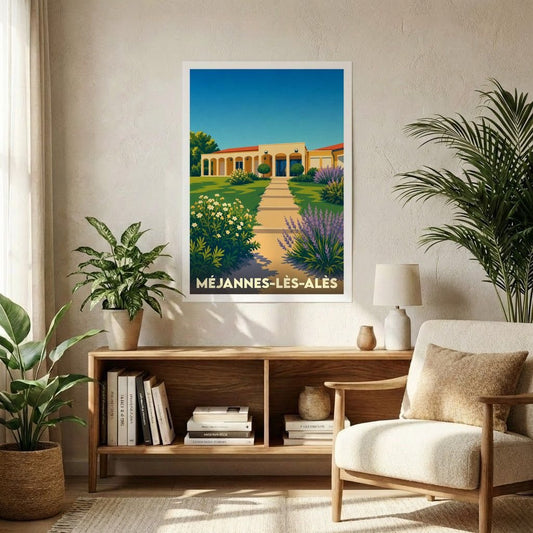Affiche souvenir de la ville de Méjannes-lès-Alès avec une illustration stylisée d'une villa méditerranéenne et son jardin.