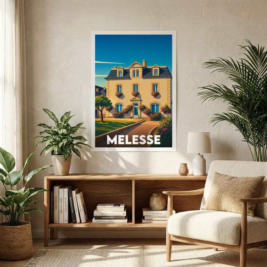 Affiche souvenir de la ville de Melesse avec une illustration stylisée d'une demeure traditionnelle fleurie.