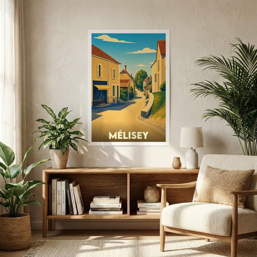 Affiche souvenir de la ville de Mélisey avec une illustration stylisée d'une rue ensoleillée.