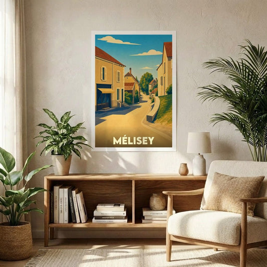 Affiche souvenir de la ville de Mélisey avec une illustration stylisée d'une rue ensoleillée.