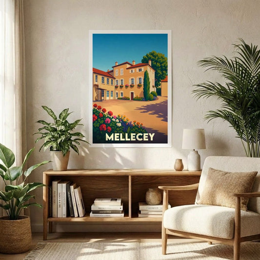 Affiche souvenir de la ville de Mellecey avec une illustration stylisée d'une demeure bourguignonne fleurie.