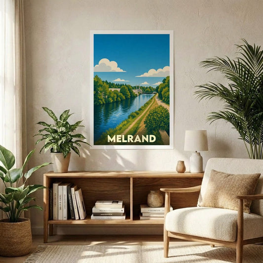 Affiche souvenir de la ville de Melrand avec une illustration stylisée d'un paysage de rivière et de nature.