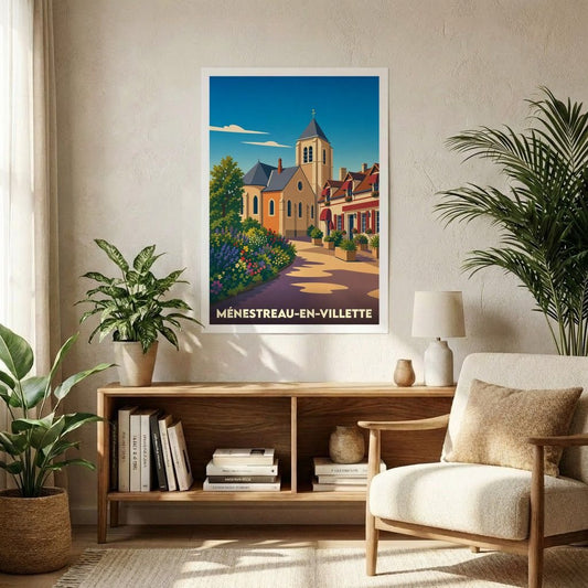 Affiche souvenir de la ville de Ménestreau-en-Villette avec une illustration stylisée d'une église et de maisons fleuries.