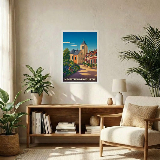 Affiche souvenir de la ville de Ménestreau-en-Villette avec une illustration stylisée.