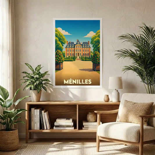 Affiche souvenir de la ville de Ménilles représentant son château dans un style graphique rétro.