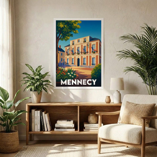 Affiche souvenir de la ville de Mennecy avec une illustration stylisée et colorée.