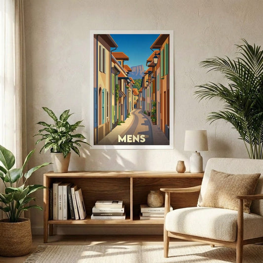 Affiche souvenir de la ville de Mens représentant une ruelle pittoresque avec une illustration stylisée.