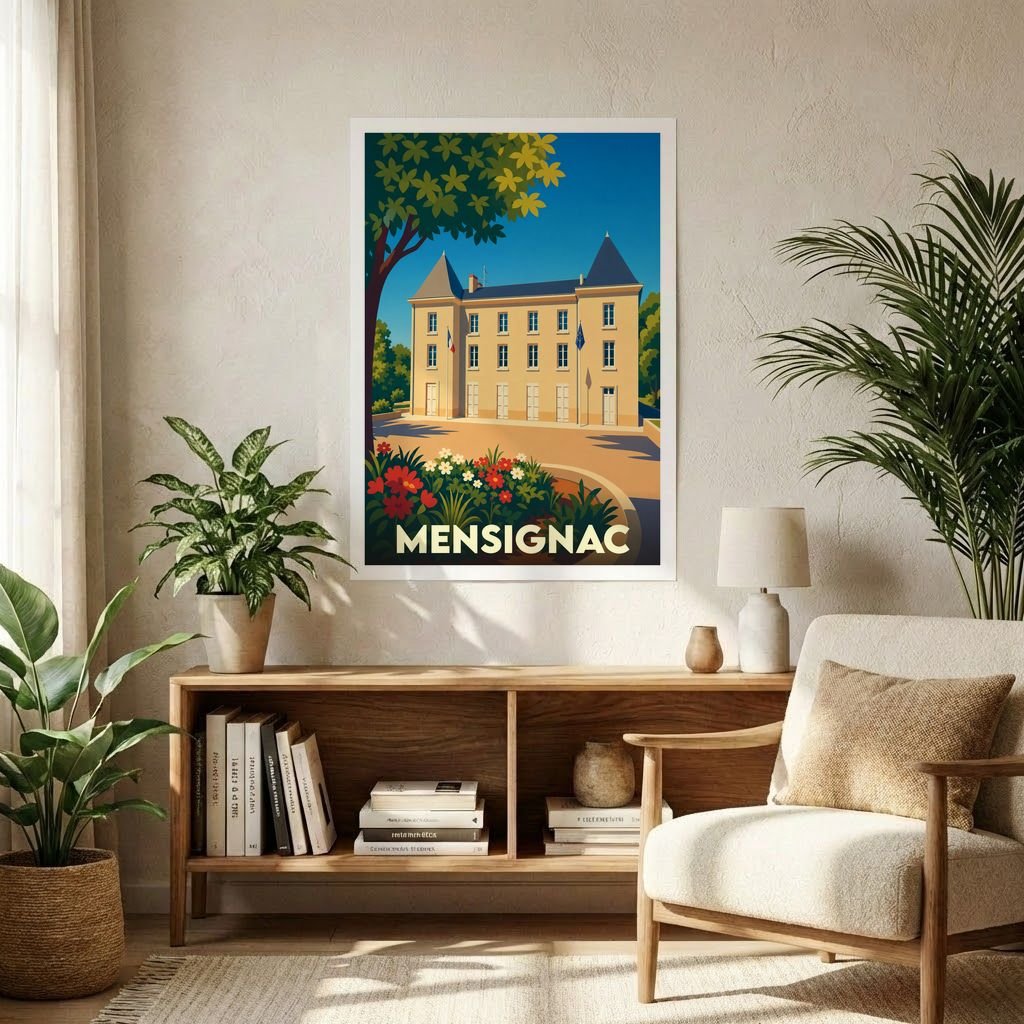 Affiche souvenir de la ville de Mensignac avec une illustration stylisée d'un bâtiment historique.