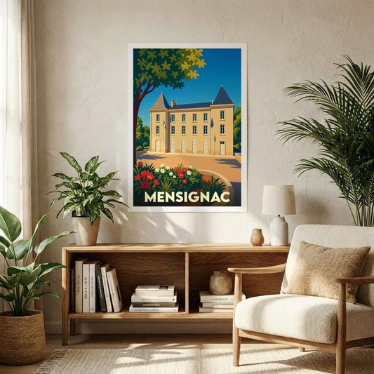 Affiche souvenir de la ville de Mensignac avec une illustration stylisée d'un bâtiment historique.