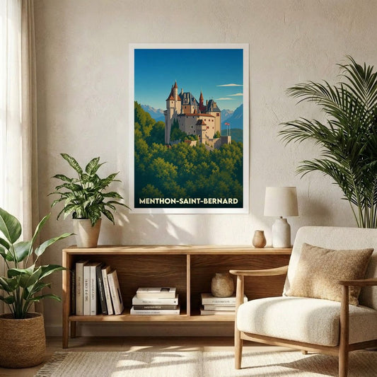 Affiche souvenir de la ville de Menthon-Saint-Bernard avec une illustration stylisée de son château.