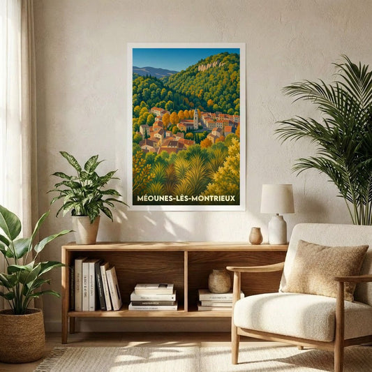 Affiche souvenir de la ville de Méounes-lès-Montrieux avec une illustration stylisée de son paysage vallonné.