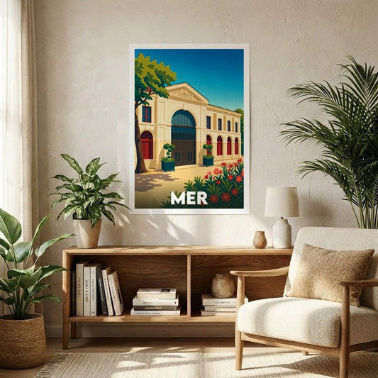 Affiche souvenir de la ville de Mer représentant une illustration stylisée d'un bâtiment historique.