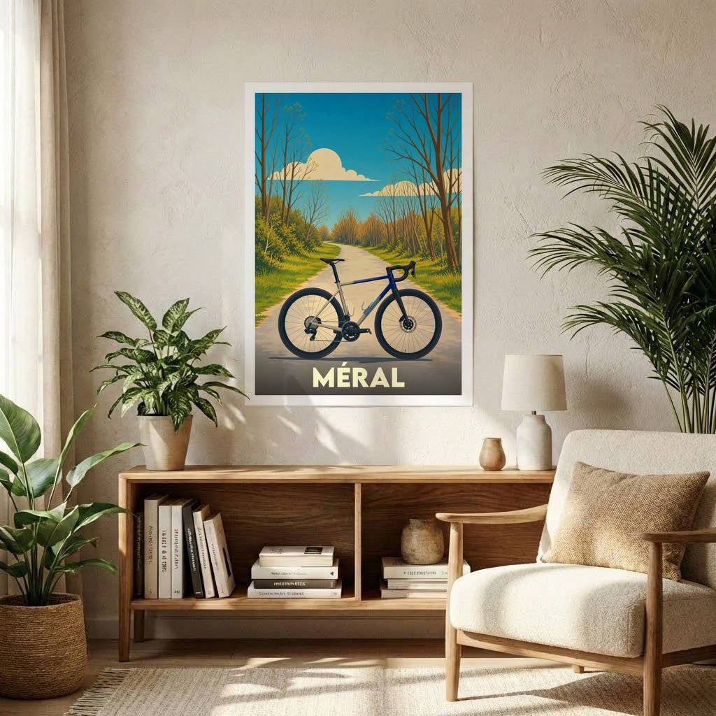 Affiche souvenir de la ville de Méral représentant un vélo sur un chemin de campagne avec une illustration stylisée.