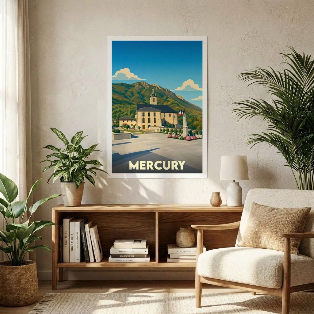 Affiche souvenir de la ville de Mercury présentant une illustration stylisée de son église et des montagnes environnantes.