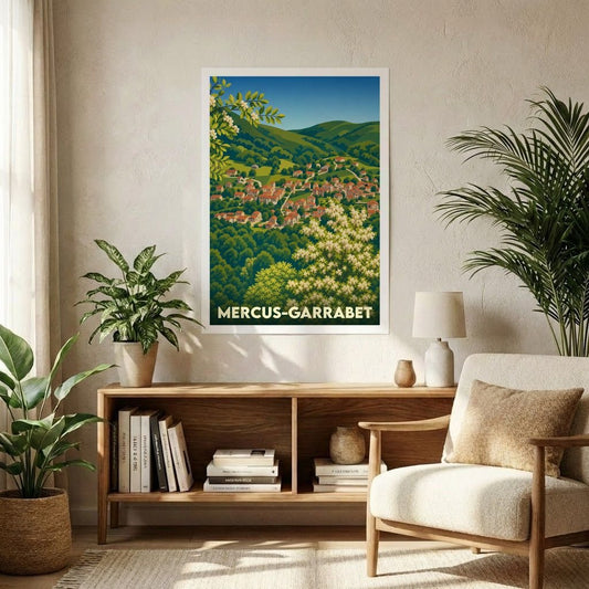 Affiche souvenir de la ville de Mercus-Garrabet avec une illustration paysagère stylisée.