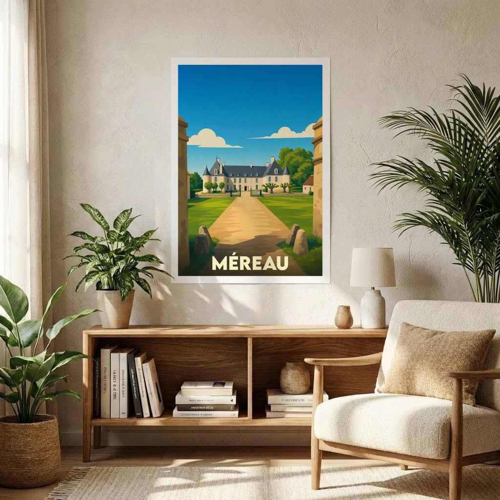 Affiche souvenir de la ville de Méreau avec une illustration stylisée d'un château.