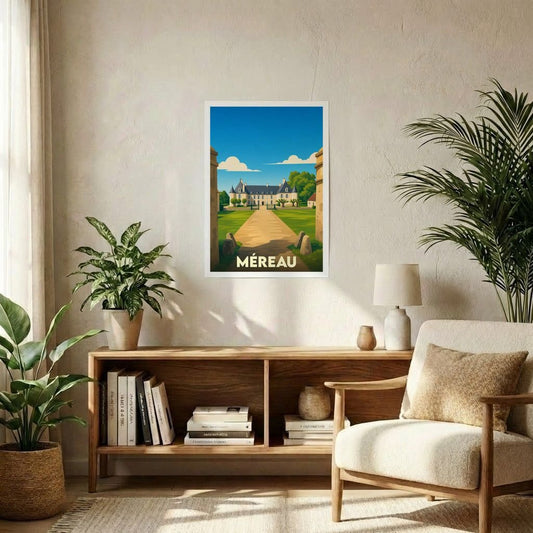 Affiche souvenir de la ville de Méreau avec une illustration stylisée représentant son château.
