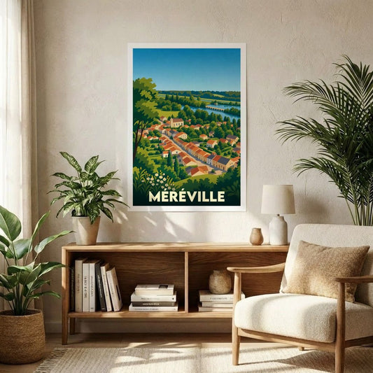 Affiche souvenir de la ville de Méréville avec une illustration stylisée d'un paysage urbain verdoyant.