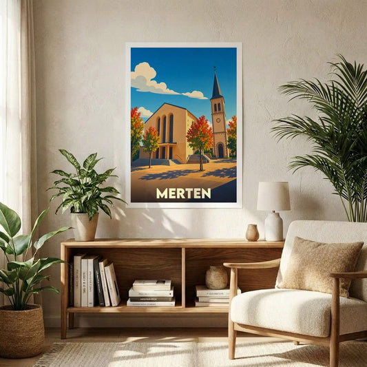 Affiche souvenir de la ville de Merten avec une illustration stylisée d'une église sous un ciel bleu.