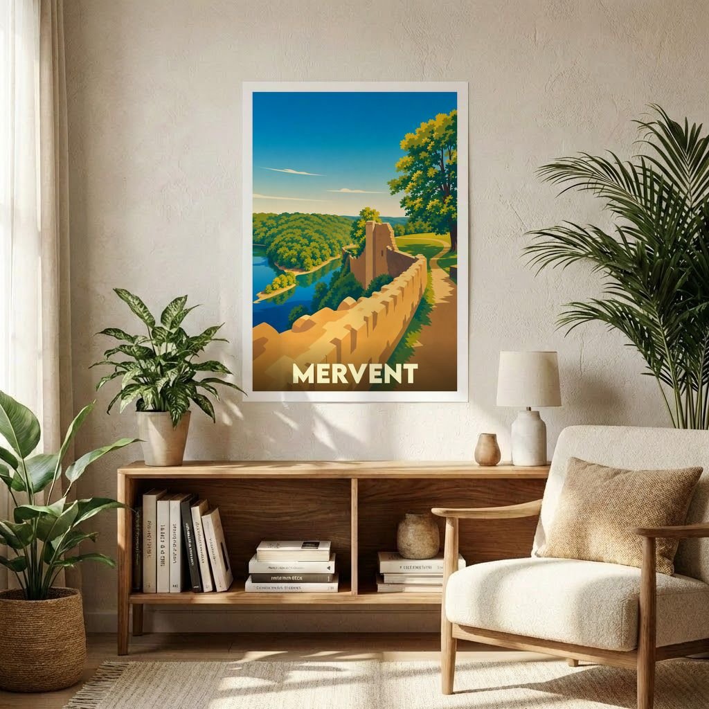 Affiche souvenir de la ville de Mervent représentant une vue panoramique stylisée de ses remparts et de sa rivière.