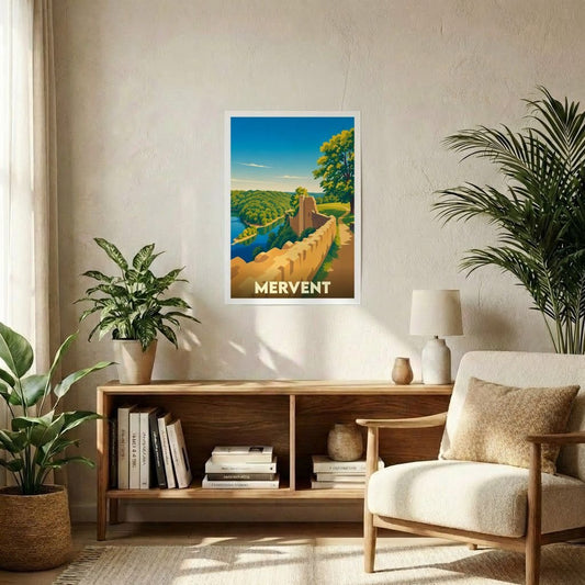 Affiche souvenir de la ville de Mervent avec une illustration stylisée d'un paysage historique au bord de l'eau.
